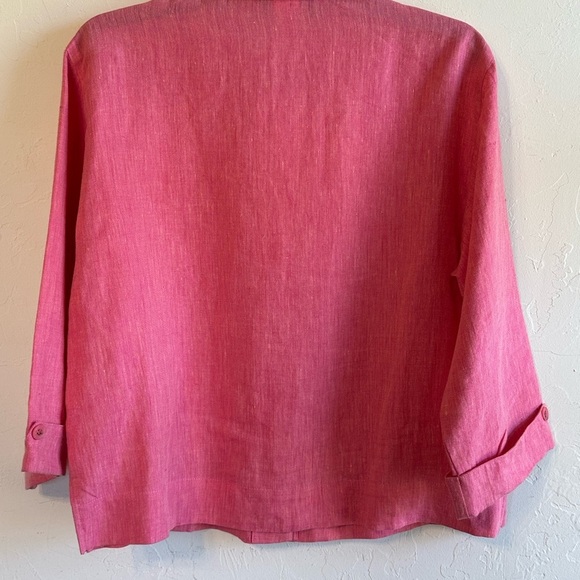 Vintage 100% Linen Pink Coastal Summer Button-Up Blouse with 3/4 Length Sleeves - Picture 7 of 9